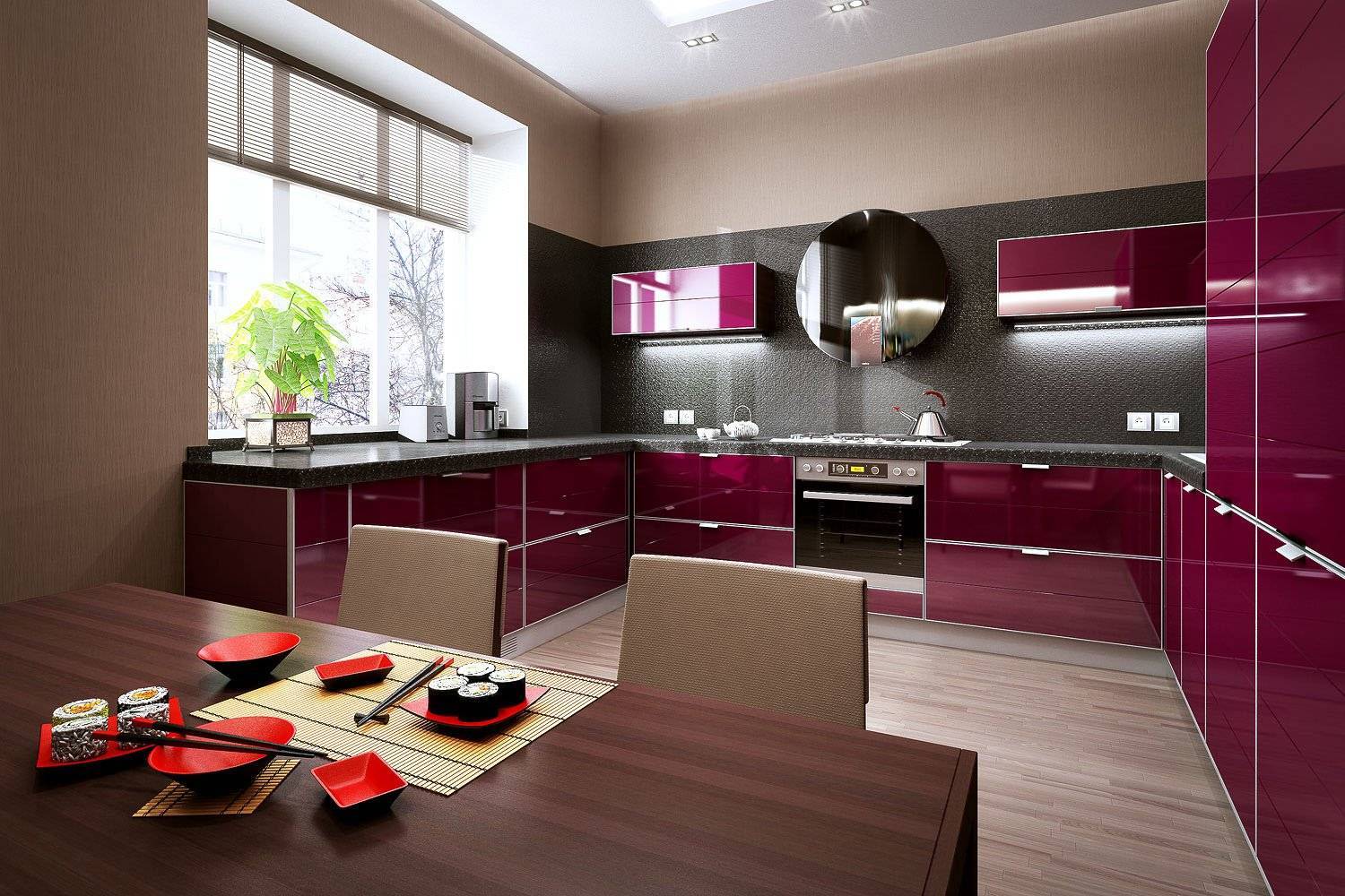 Бордовая кухня: дизайн кухонного гарнитура и сочетание с интерьером