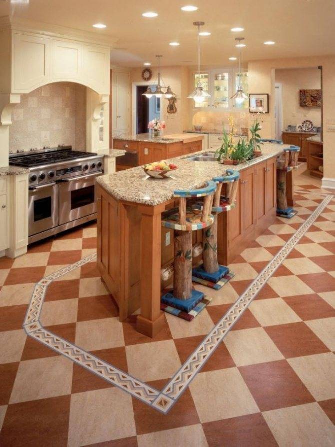 Линолеум под плитку для кухни: фото в интерьере