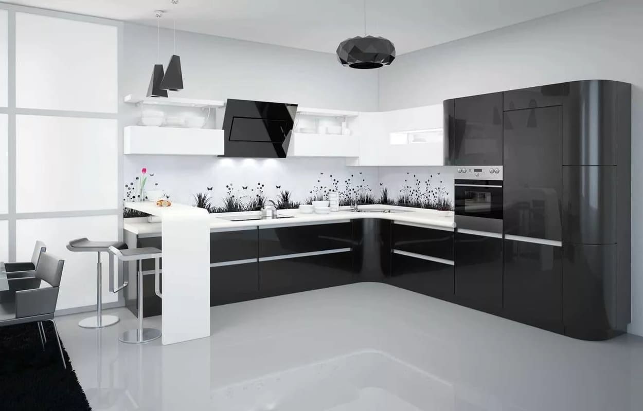 Дизайн интерьера черно-белой кухни с яркими акцентами: обои и стены, столешница и плита