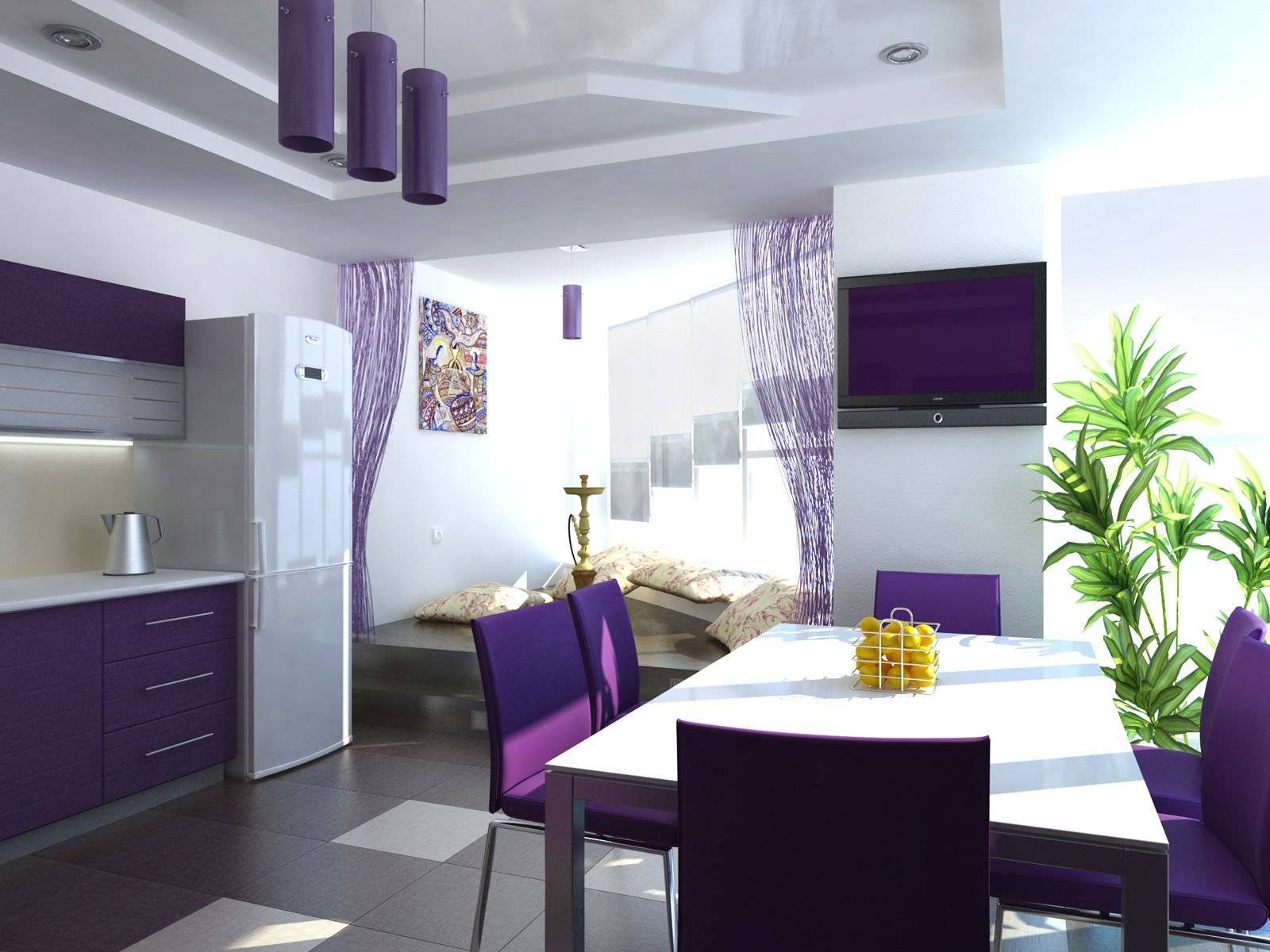 Фиолетовая кухня: гарнитур, шторы, столешница и рабочий фартук