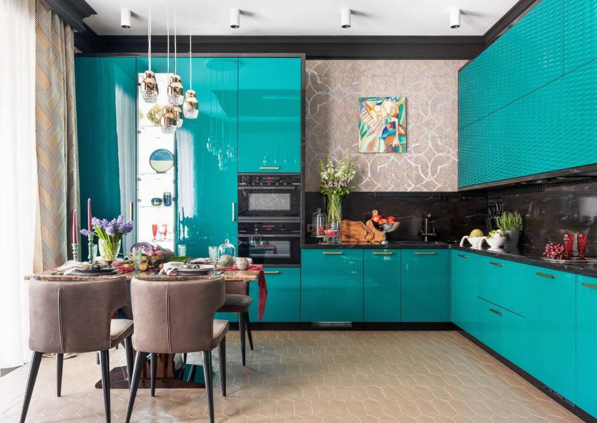 Бирюзовая кухня: сочетания бирюзовых цветов в дизайне интерьера (130 фото)