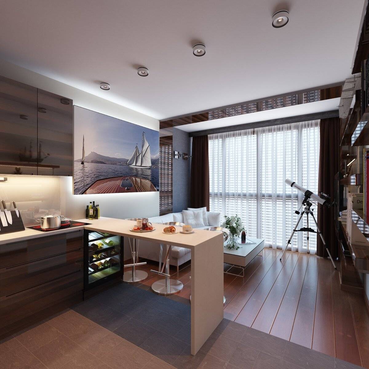 Интерьер кухни 14 м, планировки с диваном, балконом, окном, островом, tv