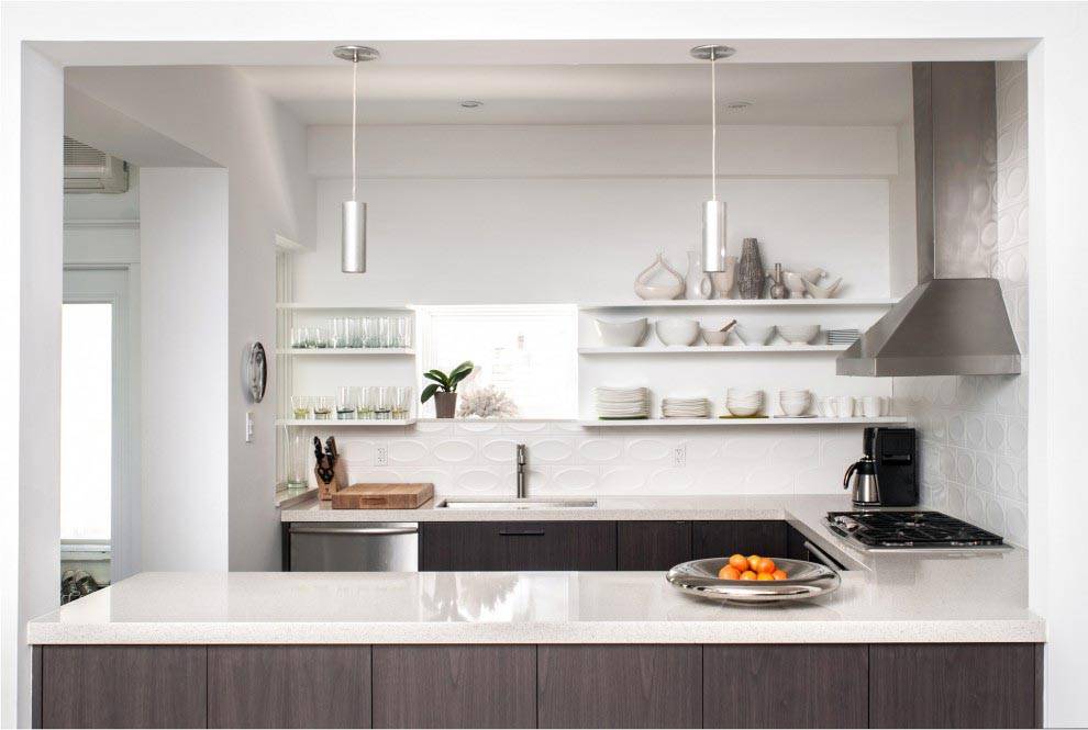 Кухня без верхних навесных шкафов: в современном стиле, в стиле лофт, в стиле минимализм, интересные идеи дизайна, реальные фото