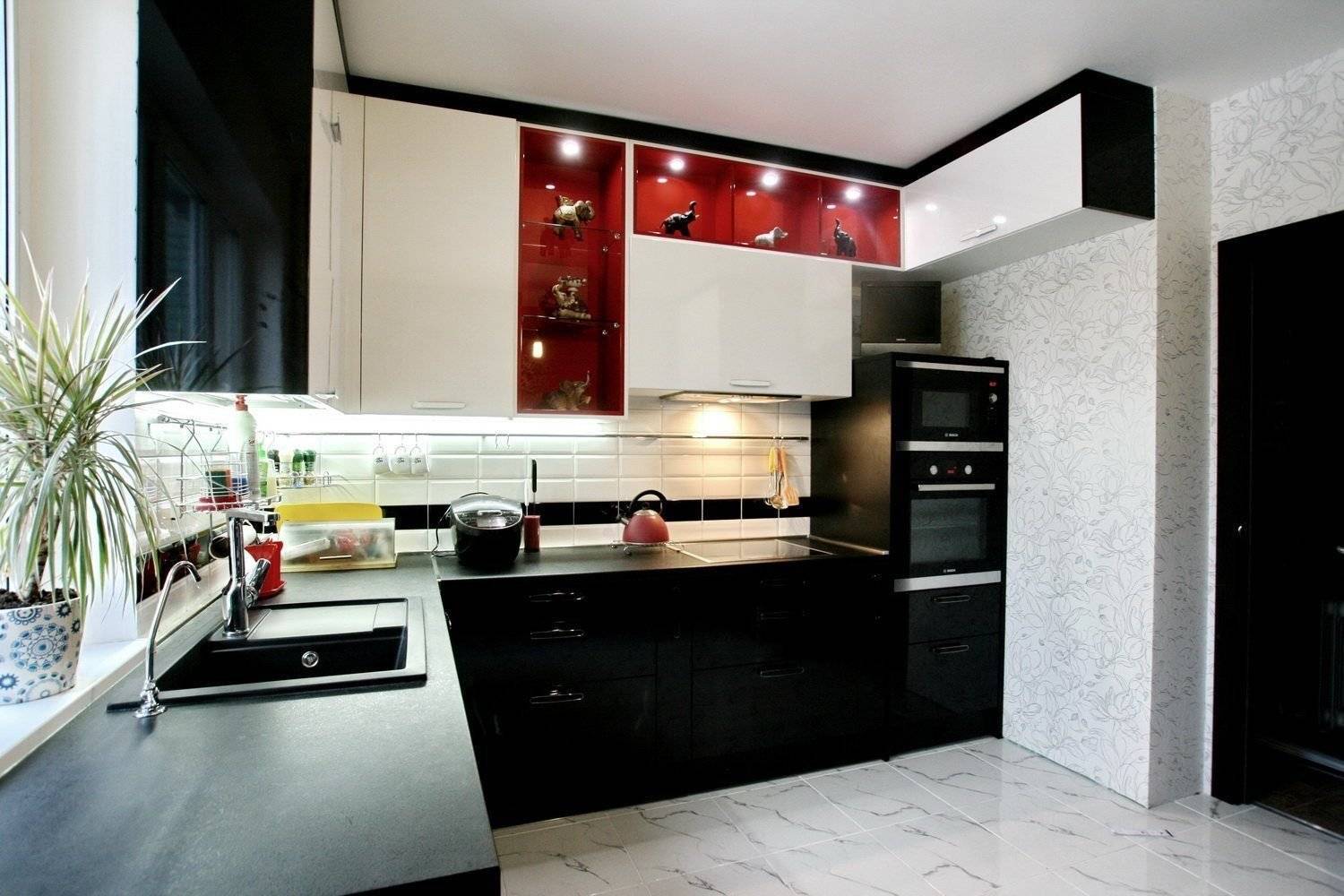 Черно-белая кухня, преимущества дизайна - фото примеров