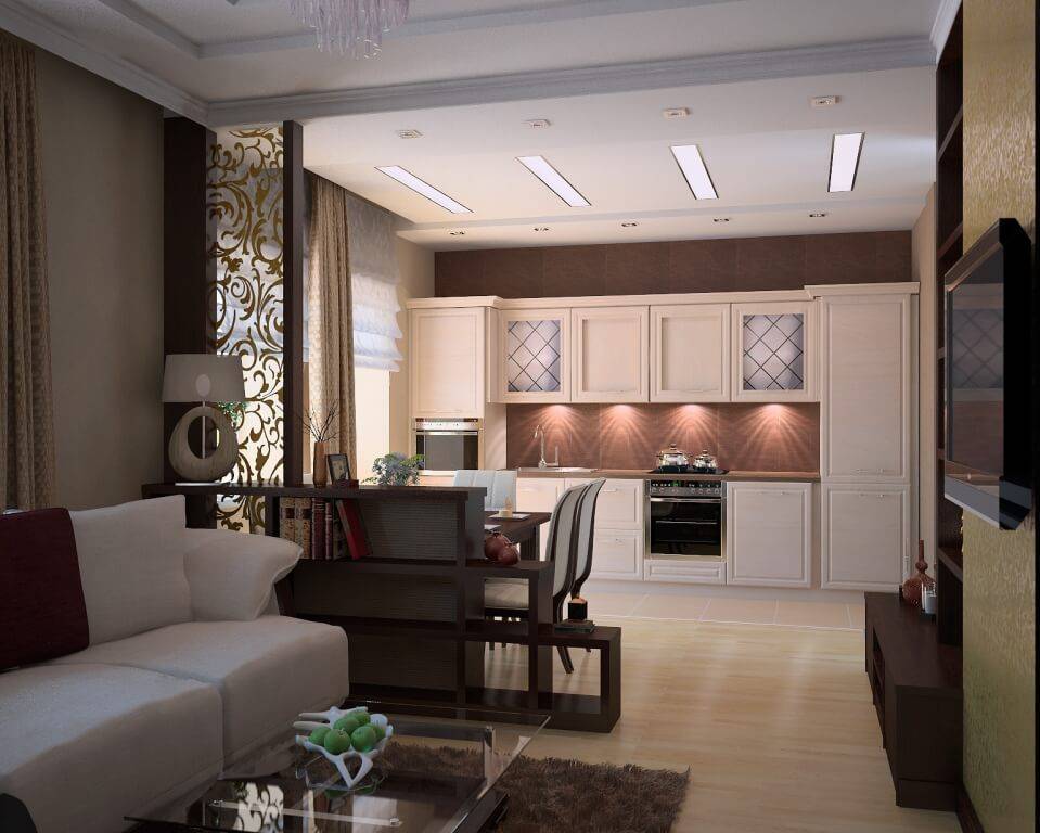 Дизайн кухни гостиной 20 кв м совмещенный, с двумя окнами: 
 - 37 фото