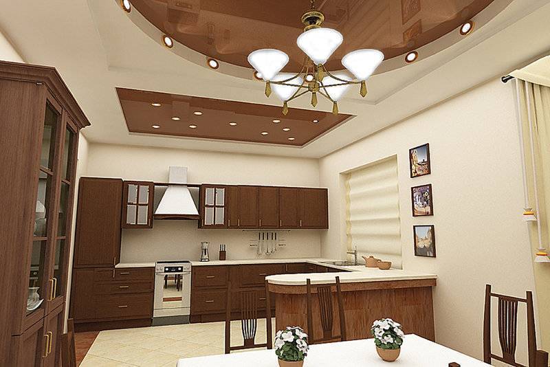 Потолок на кухне из гипсокартона: дизайн подвесного потолка с подсветкой, как сделать потолок из гкл, отделка фигурного потолка