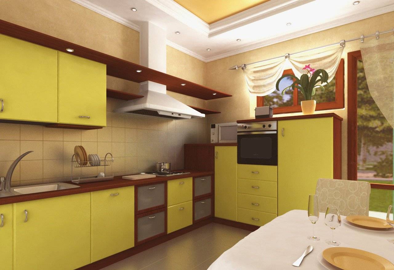 Желтая кухня - фото дизайн стильного интерьера с черной плиткой и синими шторами