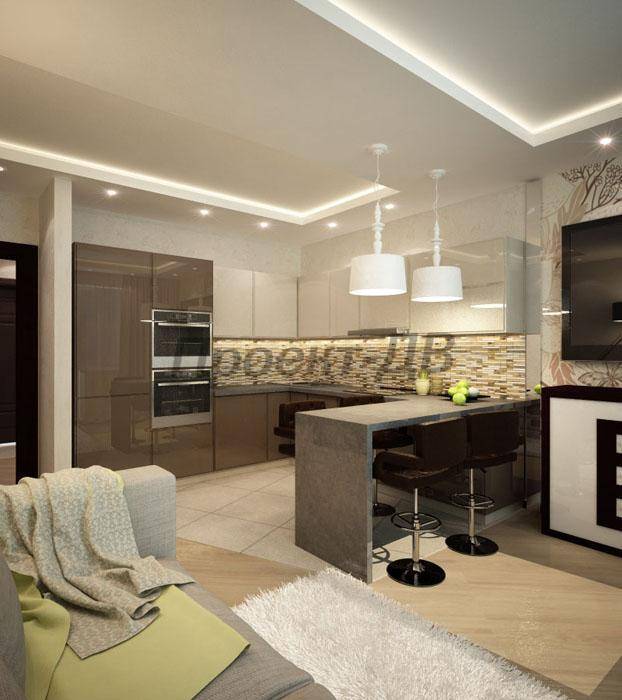 Дизайн кухни-гостиной 20 кв.м. с зонированием