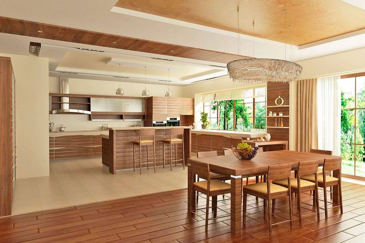 Дизайн кухни-столовой-гостиной: 57 фото, планировка и зонирование