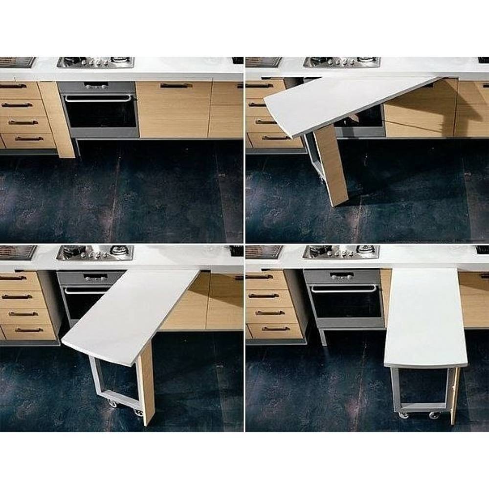 Выдвижной стол из-под столешницы (22 фото в интерьере) для маленькой кухни: виды и материалы