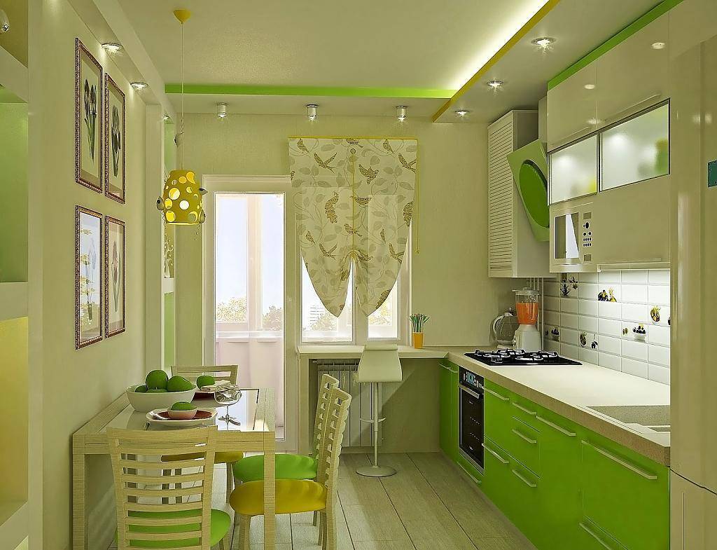 Кухня в зеленом цвете, допустимые сочетания с другими цветами, подбор фурнитуры, штор, обоев, пола