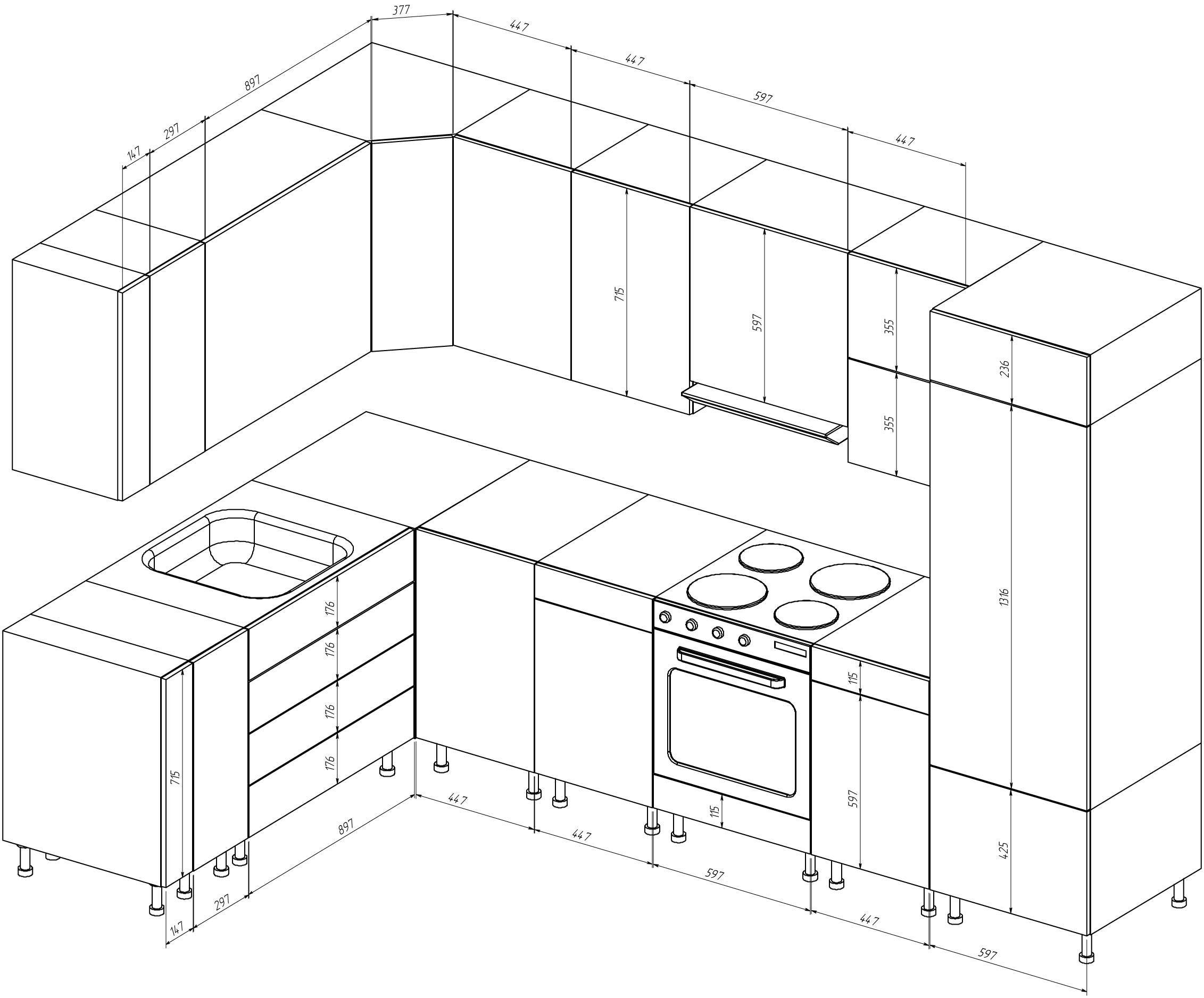 Размеры кухонного гарнитура: правила эргономичной планировки